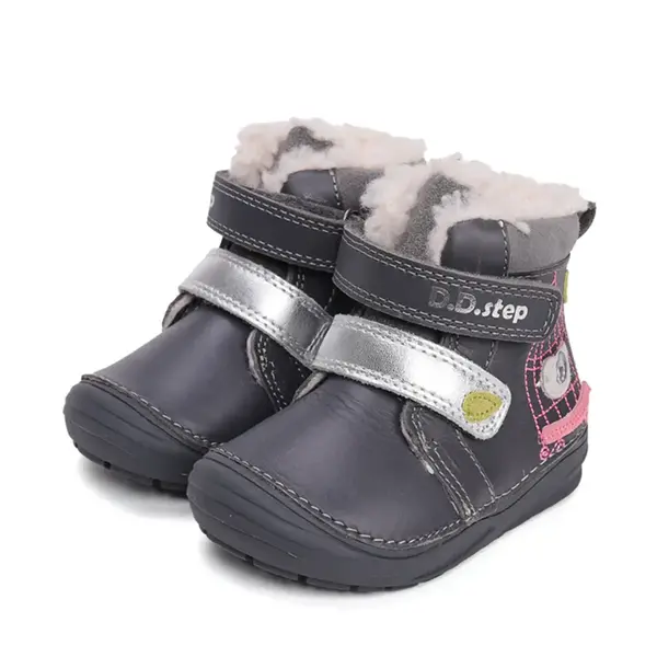 Ghete inalte din piele naturala pentru fete, D.D.Step, imblanite, gri inchis, pasare in colivie_W071-52381B-24_Pebebe