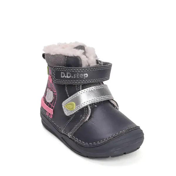 Ghete inalte din piele naturala pentru fete, D.D.Step, imblanite, gri inchis, pasare in colivie_W071-52381B-24_Pebebe
