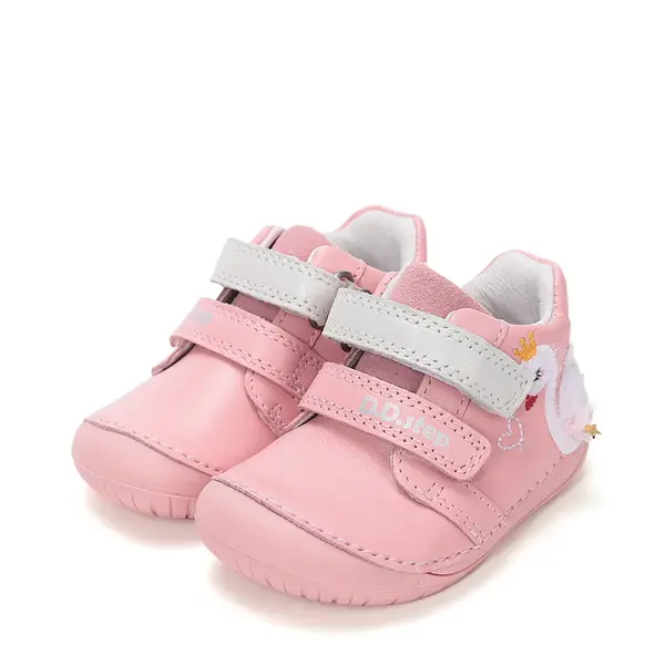 Pantofi Barefoot D.D. Step fete, piele naturala, primii pasi, roz, design cu lebadă_S070-61837A-25_Pebebe