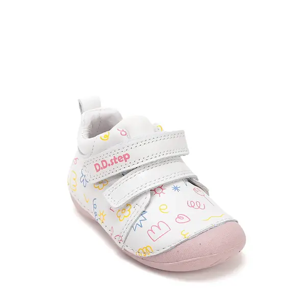 Pantofi D.D. Step fete, primii pasi, piele naturala, talpa flexibila, alb cu imprimeu flori_S015-61675-24_Pebebe