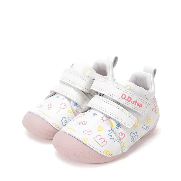 Pantofi D.D. Step fete, primii pasi, piele naturala, talpa flexibila, alb cu imprimeu flori_S015-61675-24_Pebebe