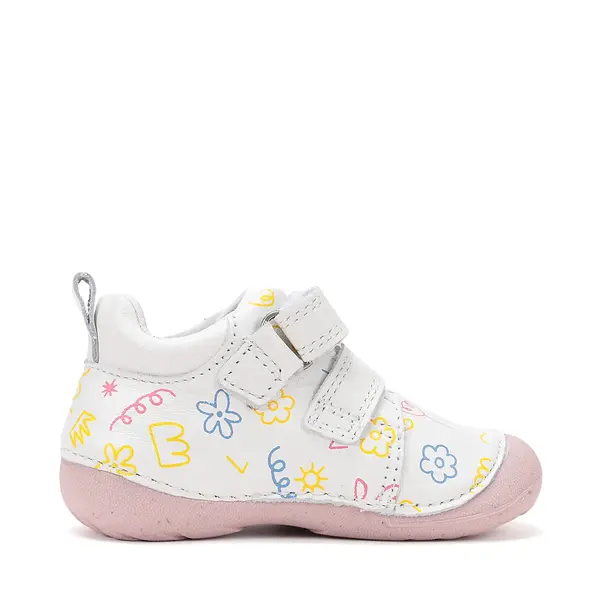 Pantofi D.D. Step fete, primii pasi, piele naturala, talpa flexibila, alb cu imprimeu flori_S015-61675-24_Pebebe