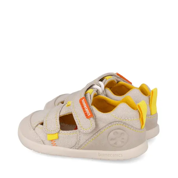 Sandale Barefoot Baieți, Biomecanics Wider Canvas cu Dublu Scai - Bej cu Accente Portocalii_262191-C891-20_Pebebe