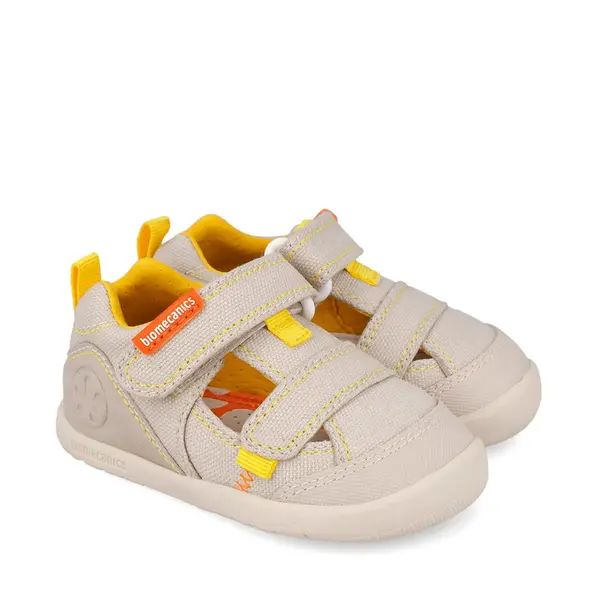 Sandale Barefoot Baieți, Biomecanics Wider Canvas cu Dublu Scai - Bej cu Accente Portocalii_262191-C891-20_Pebebe