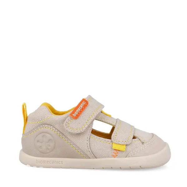 Sandale Barefoot Baieți, Biomecanics Wider Canvas cu Dublu Scai - Bej cu Accente Portocalii_262191-C891-20_Pebebe