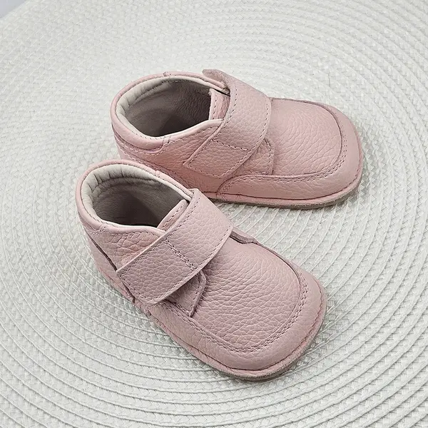 Pantofi barefoot din piele naturala pentru copii, primii pasi, inchidere cu scai si talpa din flexibila, roz_RO-14-9-24_Pebebe