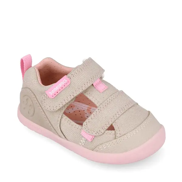 Sandale Barefoot Fete, Biomecanics Wider Canvas cu Dublu Scai - Bej cu Accente roz_262191-F884-20_Pebebe