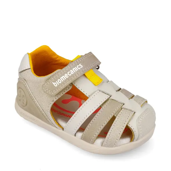 Sandale Barefoot Biomecanics Wider, Material Textil și Piele - Bej cu Detalii Galbene_262168-B695-20_Pebebe