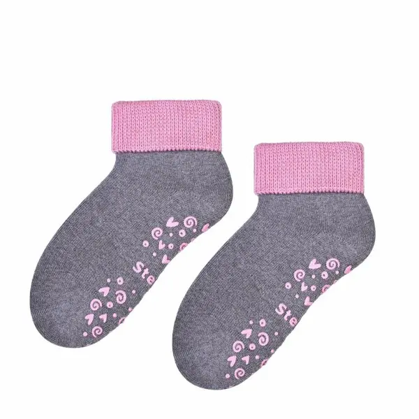 Șosete antiderapante pentru fete, gri, cu manșetă roz, STEVEN_RP011155Z_Pebebe