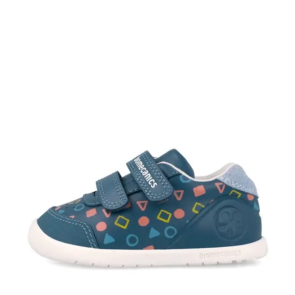 Pantofi Barefoot Biomecanics Wider, Piele Naturală, Închidere Dublă - Albastru cu Imprimeu Geometric_262166-A556-20_Pebebe