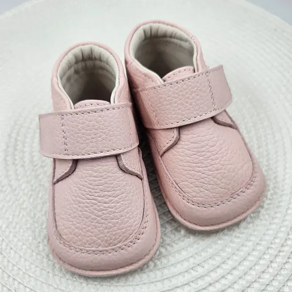 Pantofi barefoot din piele naturala pentru copii, primii pasi, inchidere cu scai si talpa din flexibila, roz_RO-14-9-24_Pebebe