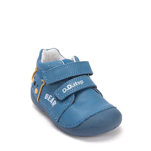 Pantofi D.D. Step băieți, primii pasi, piele naturala, talpa flexibila, albastru cu urs_S015-61472A-19_Pebebe