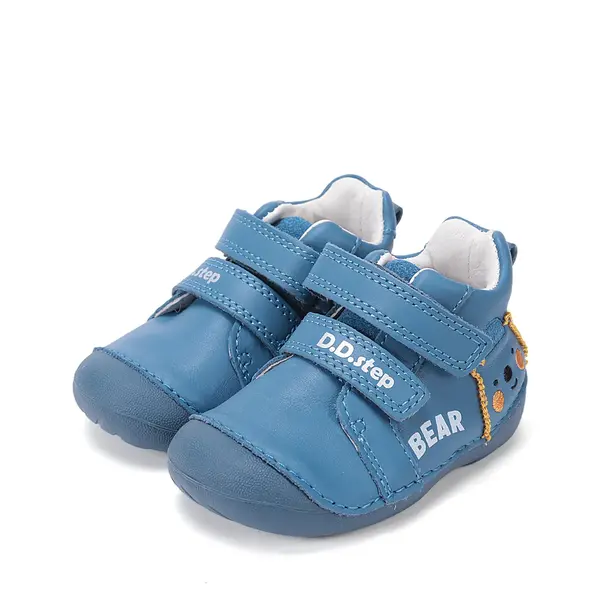 Pantofi D.D. Step băieți, primii pasi, piele naturala, talpa flexibila, albastru cu urs_S015-61472A-24_Pebebe