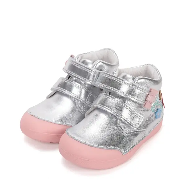 Pantofi D.D. Step fete, piele naturala, primii pași, talpa felxibilă, argintiu, design cu floricele_S066-61993-20_Pebebe
