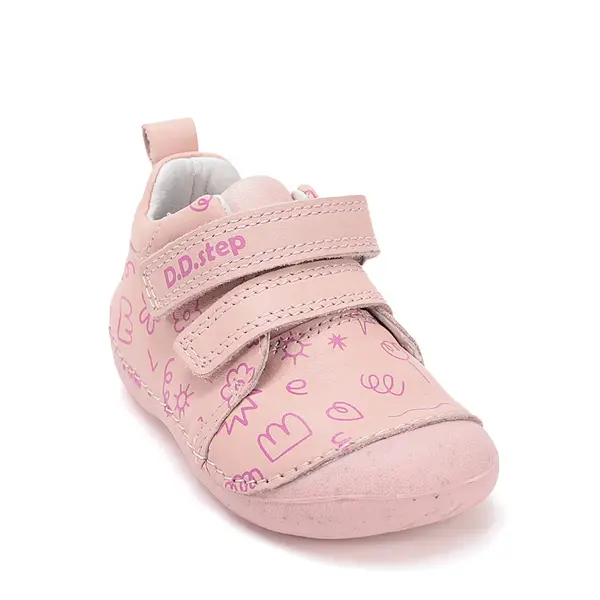 Pantofi D.D. Step fete, primii pasi, piele naturala, talpa flexibila, roz cu imprimeu flori_S015-61675A-24_Pebebe