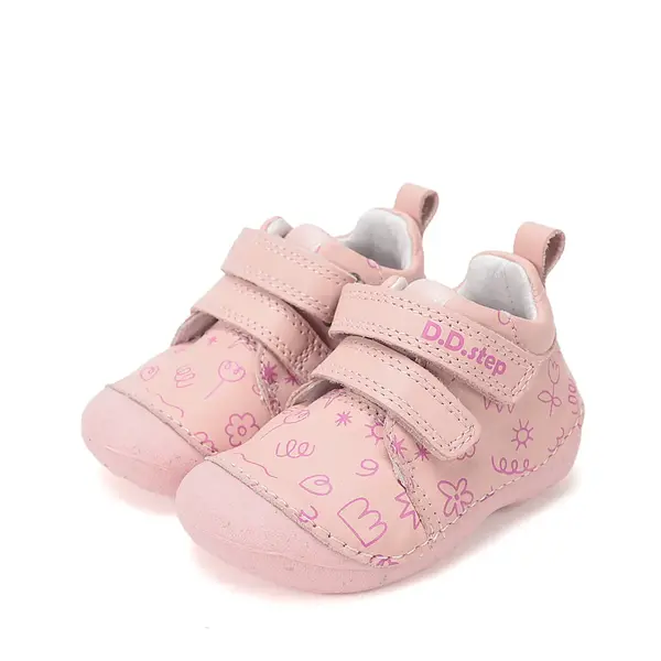 Pantofi D.D. Step fete, primii pasi, piele naturala, talpa flexibila, roz cu imprimeu flori_S015-61675A-24_Pebebe