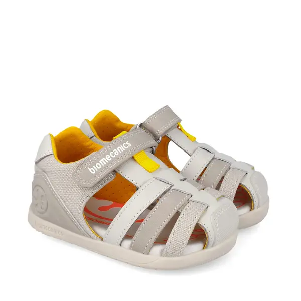 Sandale Barefoot Biomecanics Wider, Material Textil și Piele - Bej cu Detalii Galbene_262168-B695-20_Pebebe