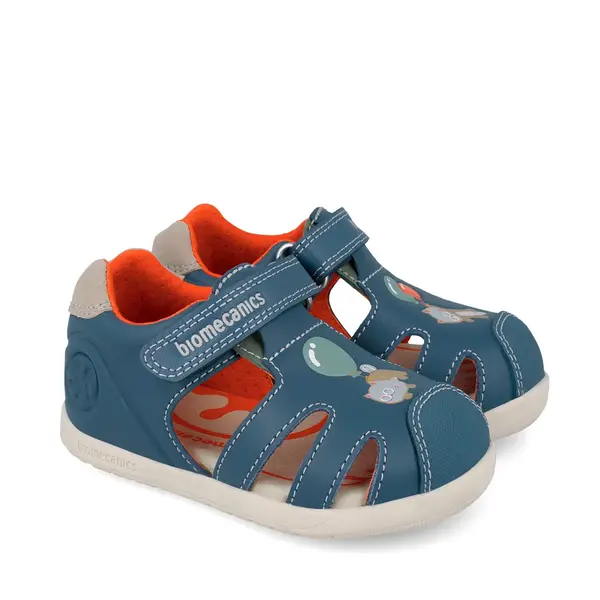 Sandale Barefoot Biomecanics Wider, Piele Naturală, Protecție Vârf - Albastru cu Pisică și Balon_262167-A556-20_Pebebe