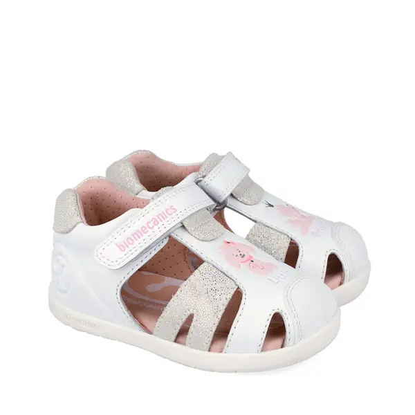 Sandale fete Barefoot Biomecanics Wider, Piele Naturala, Alb cu Imprimeu catel_262160-B050-22_Pebebe