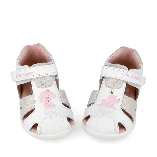 Sandale fete Barefoot Biomecanics Wider, Piele Naturala, Alb cu Imprimeu catel_262160-B050-22_Pebebe