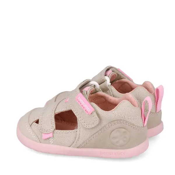 Sandale Barefoot Fete, Biomecanics Wider Canvas cu Dublu Scai - Bej cu Accente roz_262191-F884-20_Pebebe
