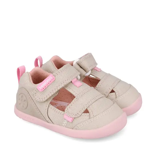 Sandale Barefoot Fete, Biomecanics Wider Canvas cu Dublu Scai - Bej cu Accente roz_262191-F884-20_Pebebe