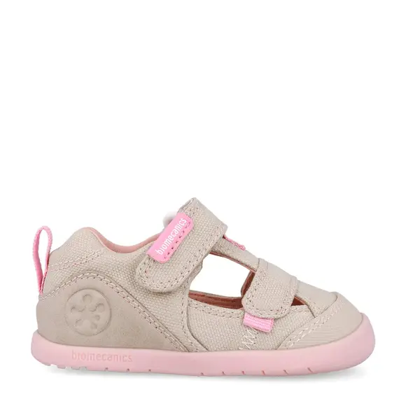 Sandale Barefoot Fete, Biomecanics Wider Canvas cu Dublu Scai - Bej cu Accente roz_262191-F884-20_Pebebe