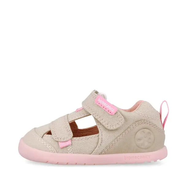 Sandale Barefoot Fete, Biomecanics Wider Canvas cu Dublu Scai - Bej cu Accente roz_262191-F884-20_Pebebe