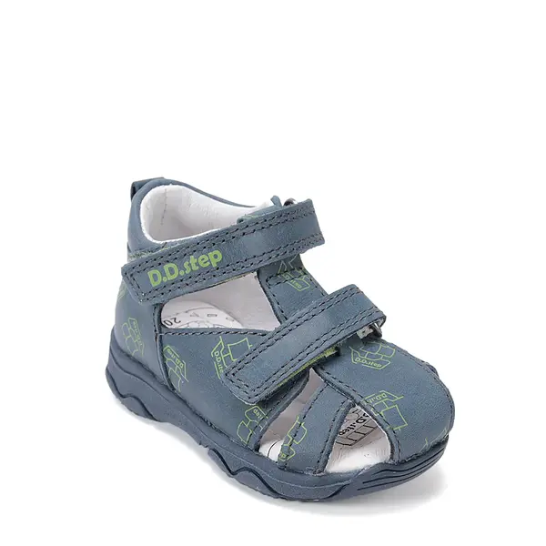 Sandale D.D. Step băieți, piele naturală, bleumarin cu imprimeu barcuta_G064-61383B-24_Pebebe