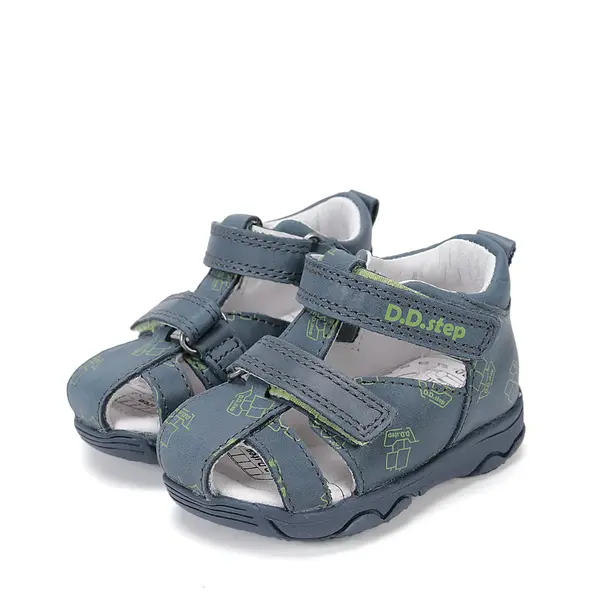 Sandale D.D. Step băieți, piele naturală, bleumarin cu imprimeu barcuta_G064-61383B-24_Pebebe