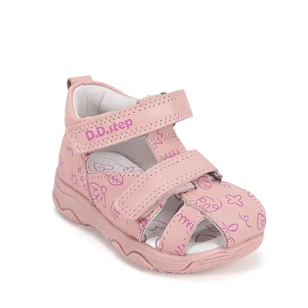 Sandale D.D. Step fete, piele naturala, roz cu imprimeu flori_G064-61994A-21_Pebebe
