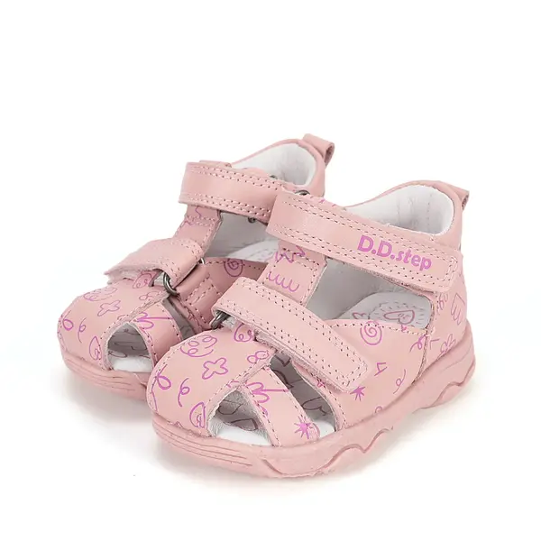 Sandale D.D. Step fete, piele naturala, roz cu imprimeu flori_G064-61994A-21_Pebebe