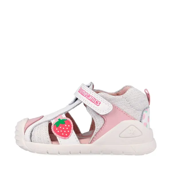 Sandale Biomecanics fete, talpa flexibila, protectie degete, Biogateo Casual, alb cu capsuna_262110-B050-24_Pebebe