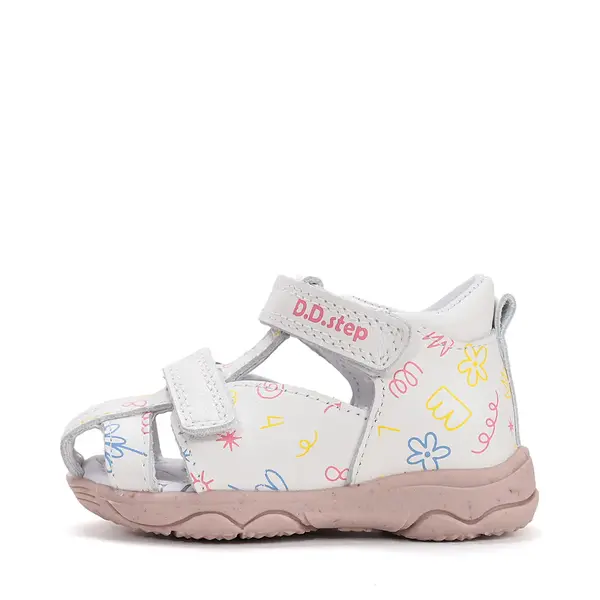 Sandale D.D. Step fete, piele naturală, alb cu imprimeu flori_G064-61994-20_Pebebe