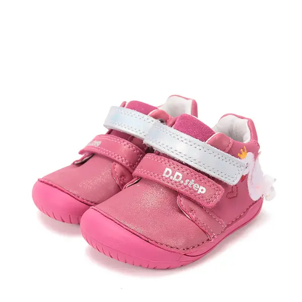 Pantofi Barefoot D.D. Step fete, piele naturala, primii pasi, fuchsia sidef, design cu lebadă_S070-61837B-23_Pebebe