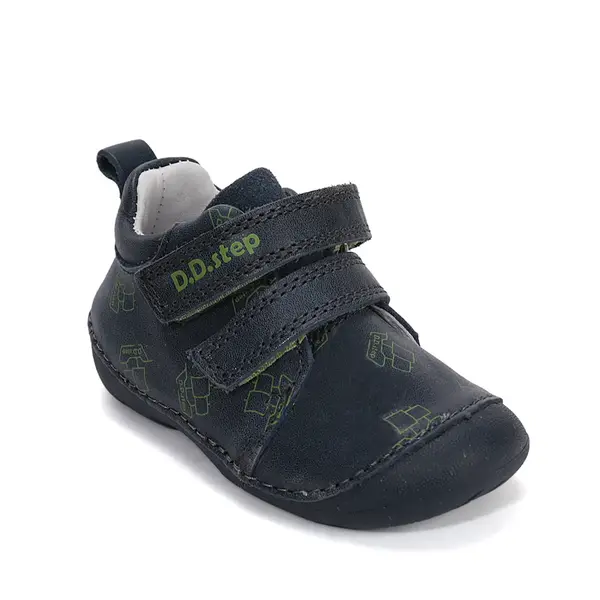 Pantofi D.D. Step baieti, primii pasi, piele naturala, talpa flexibila, bleumarin cu imprimeu barcuta_S015-61100B-19_Pebebe
