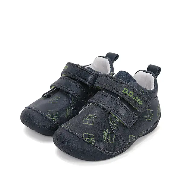 Pantofi D.D. Step baieti, primii pasi, piele naturala, talpa flexibila, bleumarin cu imprimeu barcuta_S015-61100B-19_Pebebe