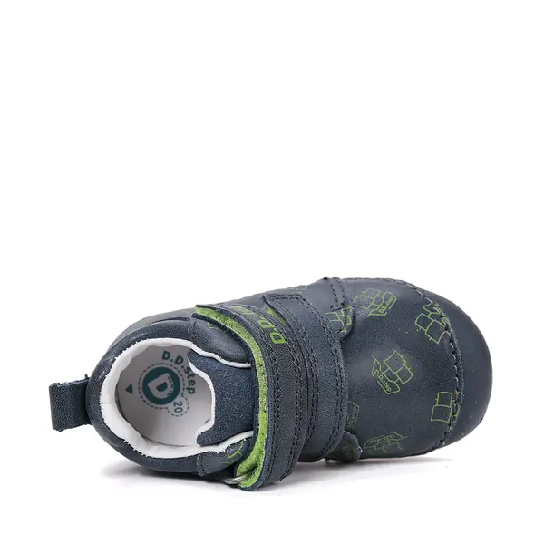 Pantofi D.D. Step baieti, primii pasi, piele naturala, talpa flexibila, bleumarin cu imprimeu barcuta_S015-61100B-19_Pebebe
