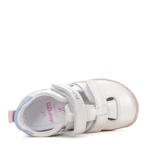 Pantofi D.D.Step copii, barefoot, piele naturala, decupati, primii pași, alb sidef_H077-61288F-21_Pebebe