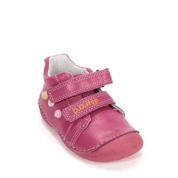 Pantofi D.D. Step fete, primii pasi, piele naturala, talpa flexibila, fuchsia cu pisică_S015-61267A-22_Pebebe
