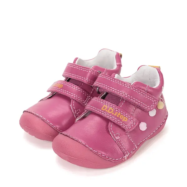 Pantofi D.D. Step fete, primii pasi, piele naturala, talpa flexibila, fuchsia cu pisică_S015-61267A-22_Pebebe