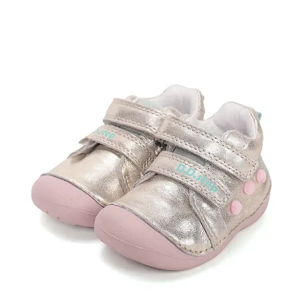Pantofi D.D. Step fete, primii pasi, piele naturala, talpa flexibila, auriu cu pisică_S015-61267B-24_Pebebe