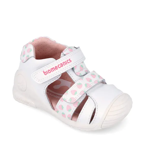 Sandale Biomecanics fete, piele naturala, talpa flexibila, protectie degete, Biogateo Casual, alb cu imprimeu_262107-B050-20_Pebebe