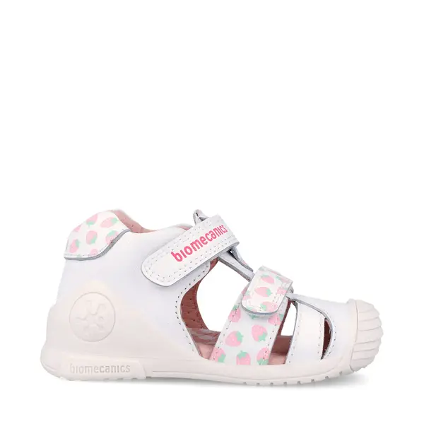 Sandale Biomecanics fete, piele naturala, talpa flexibila, protectie degete, Biogateo Casual, alb cu imprimeu_262107-B050-20_Pebebe
