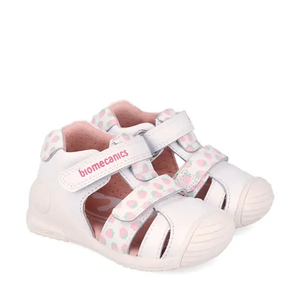 Sandale Biomecanics fete, piele naturala, talpa flexibila, protectie degete, Biogateo Casual, alb cu imprimeu_262107-B050-20_Pebebe