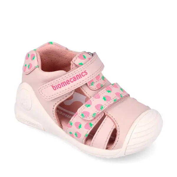 Sandale Biomecanics fete, piele naturala, talpa flexibila, protectie degete, Biogateo Casual, roz cu imprimeu_262107-A779-20_Pebebe