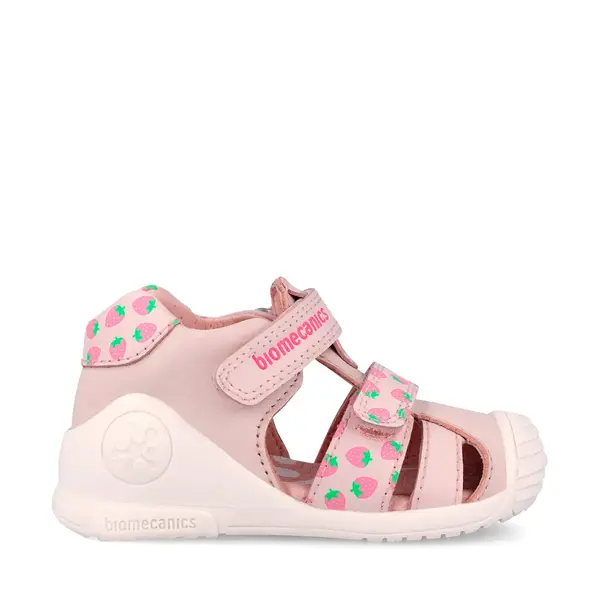 Sandale Biomecanics fete, piele naturala, talpa flexibila, protectie degete, Biogateo Casual, roz cu imprimeu_262107-A779-20_Pebebe