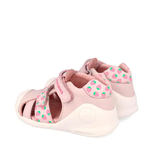 Sandale Biomecanics fete, piele naturala, talpa flexibila, protectie degete, Biogateo Casual, roz cu imprimeu_262107-A779-20_Pebebe