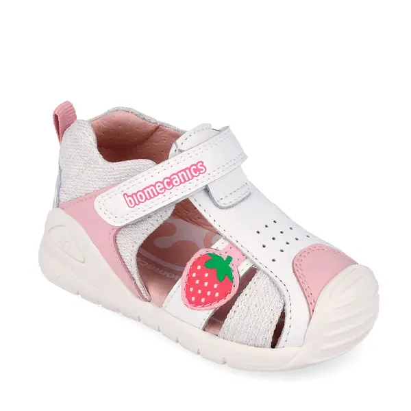 Sandale Biomecanics fete, talpa flexibila, protectie degete, Biogateo Casual, alb cu capsuna_262110-B050-24_Pebebe