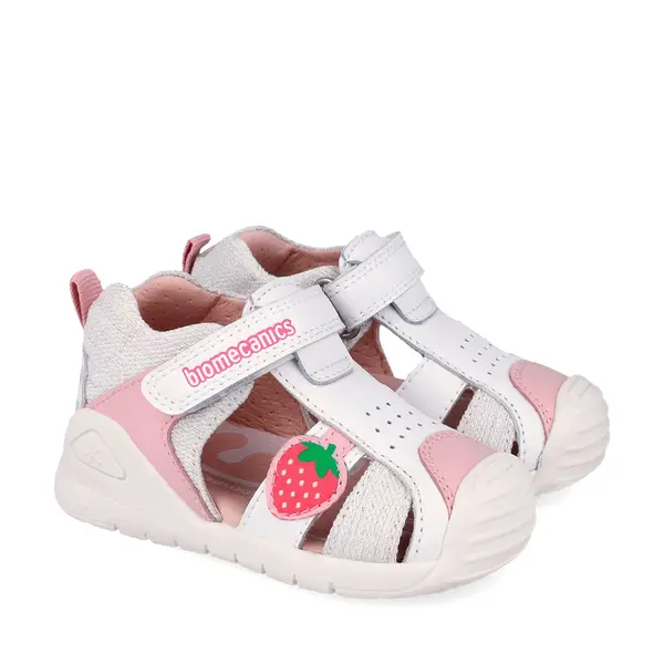 Sandale Biomecanics fete, talpa flexibila, protectie degete, Biogateo Casual, alb cu capsuna_262110-B050-24_Pebebe